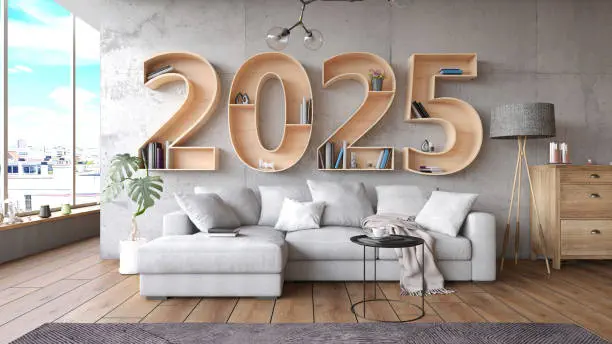 2025 BookShelf with Cozy Interior. 2025 New Year Concept. 3D Render
